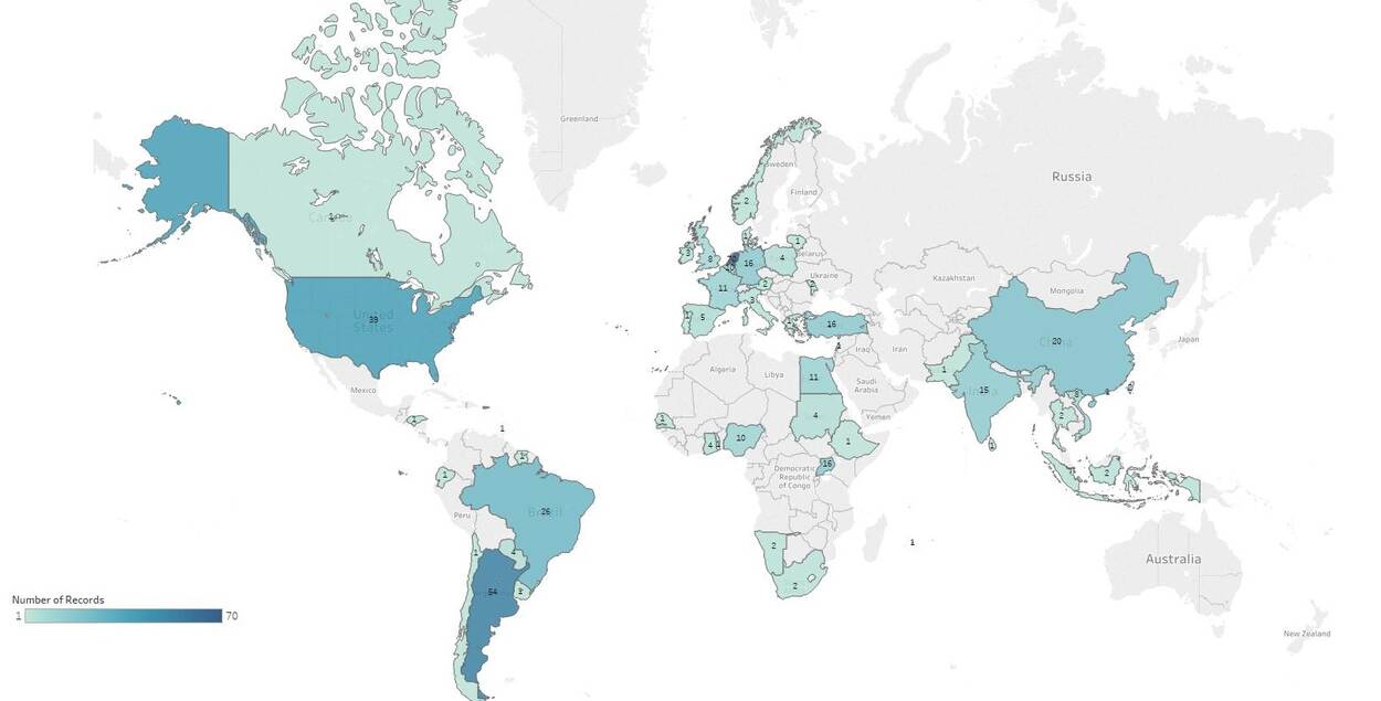 Wereldkaart met  landen van herkomst van producten waarvan Nederland een RASFF melding heeft gemaakt